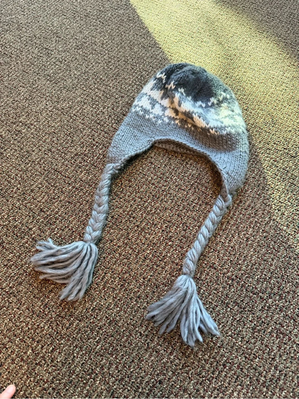 Gray Knit Earflap Hat with Braided Tassels